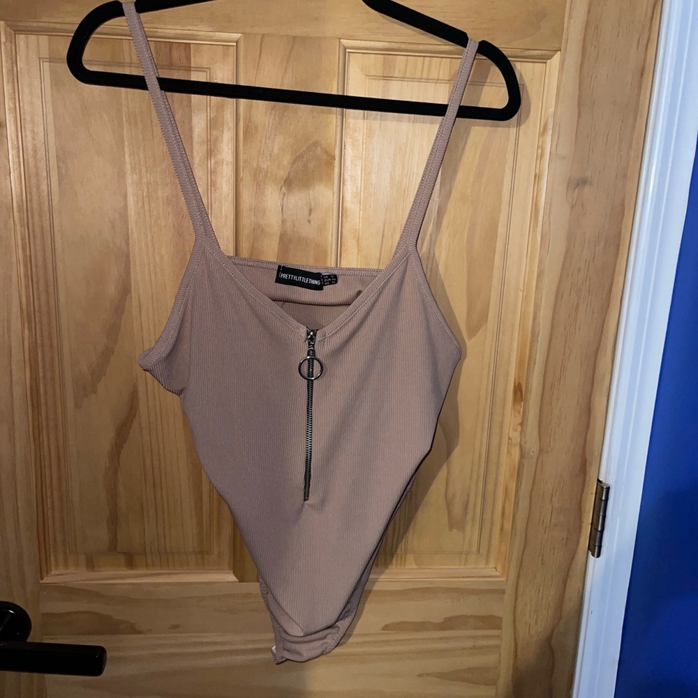 PrettyLittleThing Beige Zipper Bodysuit